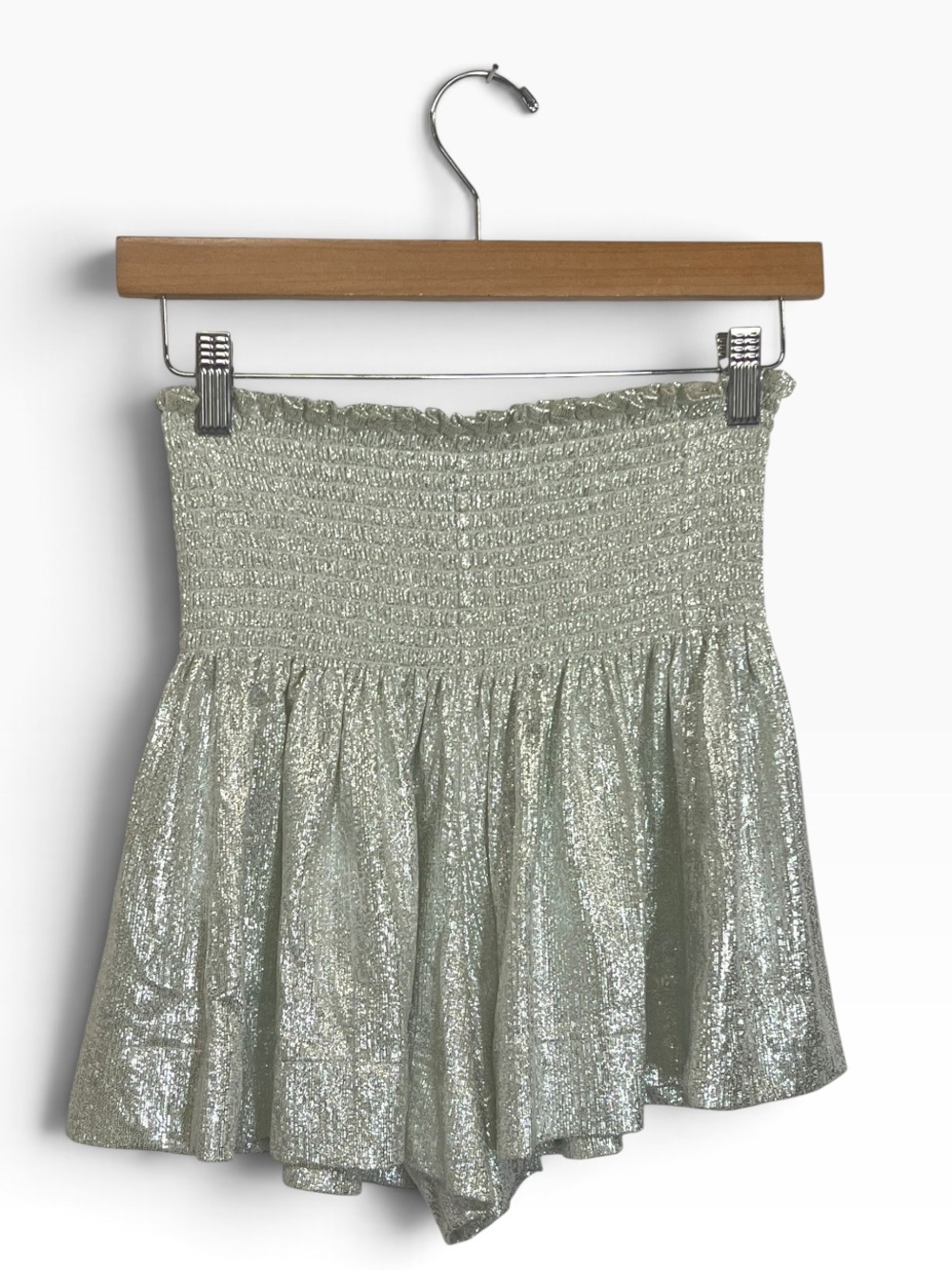 Queen Of Sparkles | Glitter Smocked Swing Shorts in Silver S